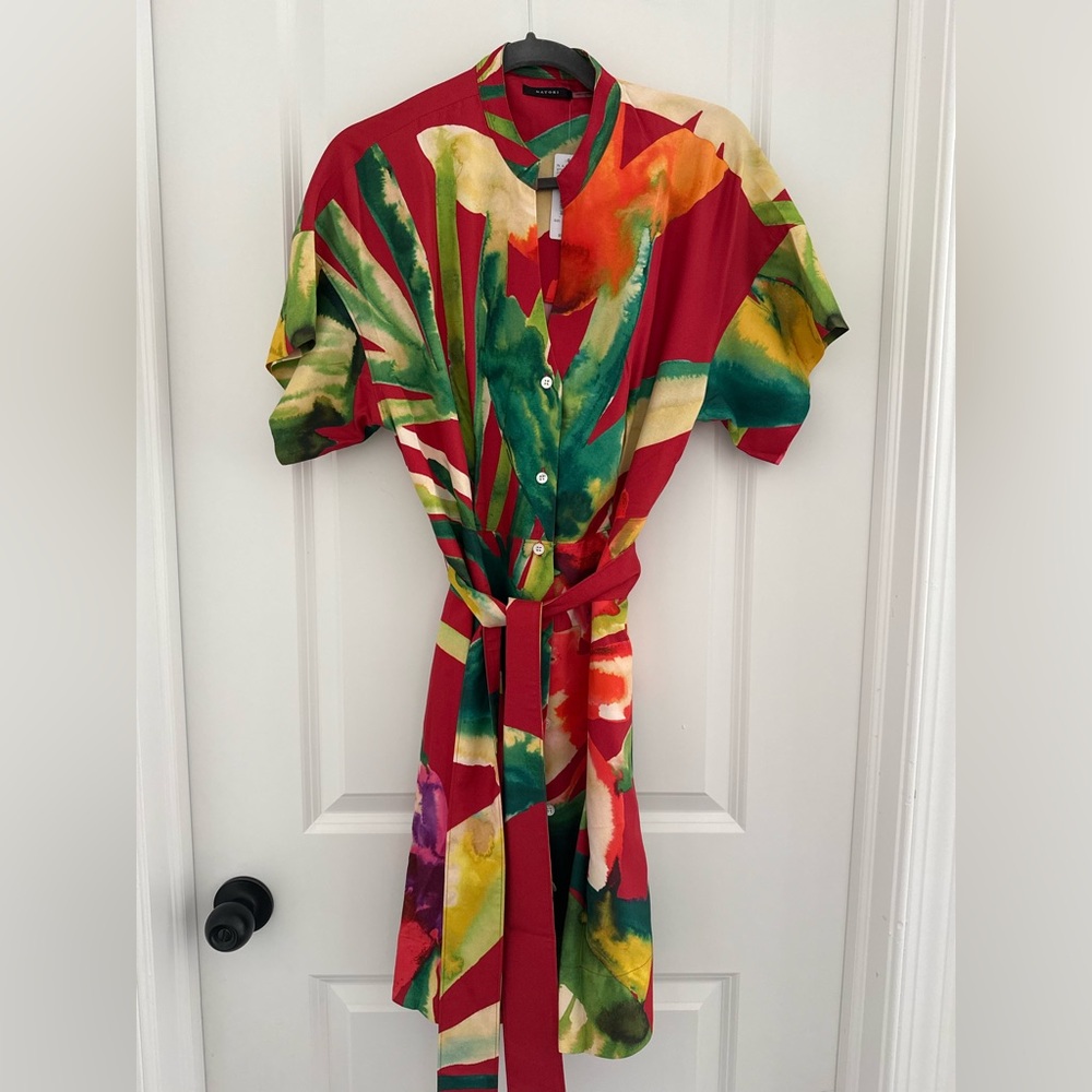 Natori Red Green Multicolor Printed Silk Button-Front Dress w/ Pockets Small